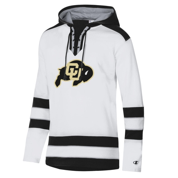 This is a white sweatshirt. The hood and shoulders are black, as well as the stripes on the sleeves and bottom. The lace up closure and inner hood are grey. The C.U. buffalo logo is black and gold.